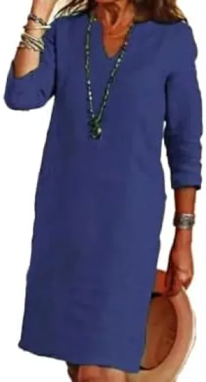 TIAFORD Women Casual Cotton Linen Midi Dress Summer V Neck Half Sleeve Beach Flowy Loose Solid Tunic Dress 2025