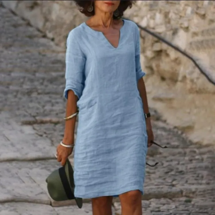 TIAFORD Women Casual Cotton Linen Midi Dress Summer V Neck Half Sleeve Beach Flowy Loose Solid Tunic Dress 2025