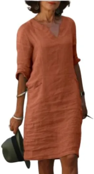 TIAFORD Women Casual Cotton Linen Midi Dress Summer V Neck Half Sleeve Beach Flowy Loose Solid Tunic Dress 2025