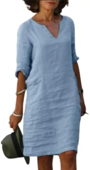 TIAFORD Women Casual Cotton Linen Midi Dress Summer V Neck Half Sleeve Beach Flowy Loose Solid Tunic Dress 2025