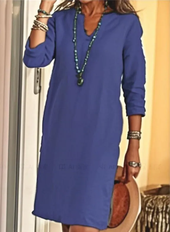 TIAFORD Women Casual Cotton Linen Midi Dress Summer V Neck Half Sleeve Beach Flowy Loose Solid Tunic Dress 2025