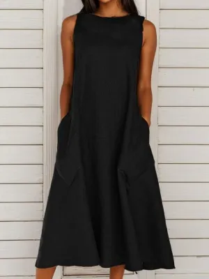 TIAFORD Women Casual Cotton Linen Sleeveless Maxi Dress Summer Crew Neck Loose Beach Flowy Long Tank Sun Dress with Pocket