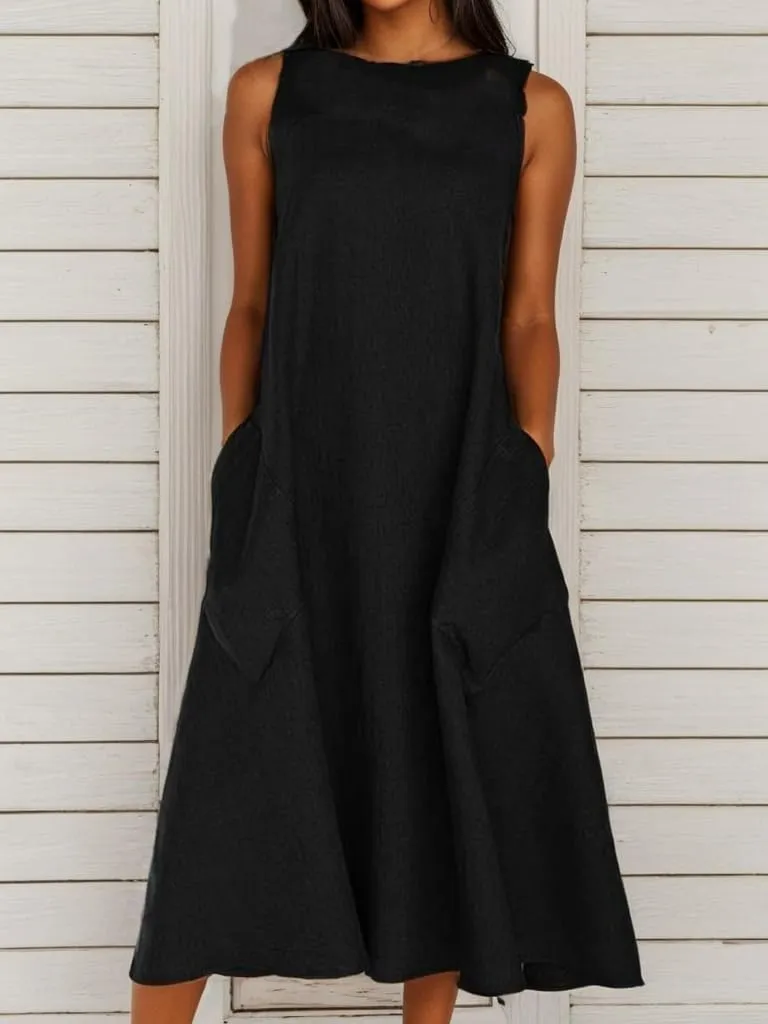 TIAFORD Women Casual Cotton Linen Sleeveless Maxi Dress Summer Crew Neck Loose Beach Flowy Long Tank Sun Dress with Pocket