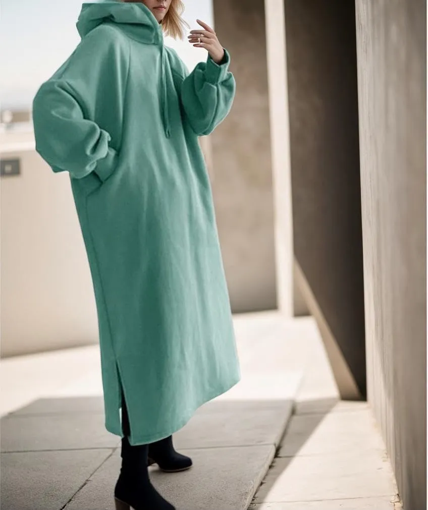 TIAFORD Women Winter Hoodie Maxi Dress Casual Long Sleeve Pullover Fall Oversized Shift Slit Sweatshirt Dress with Pocket