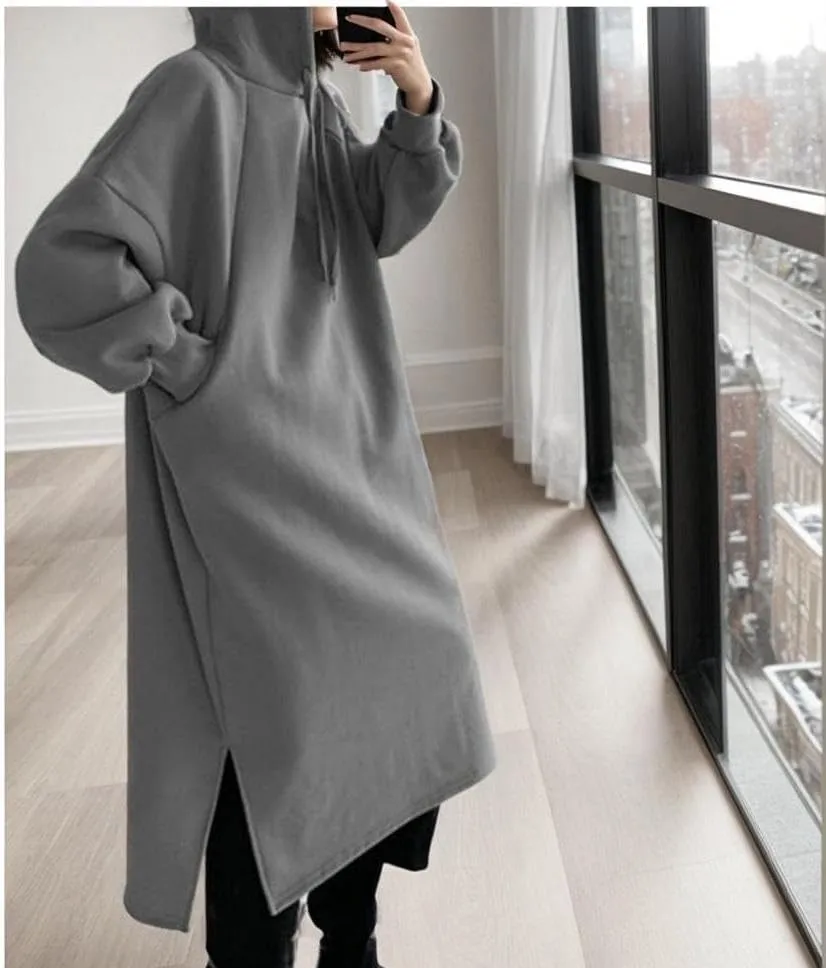 TIAFORD Women Winter Hoodie Maxi Dress Casual Long Sleeve Pullover Fall Oversized Shift Slit Sweatshirt Dress with Pocket
