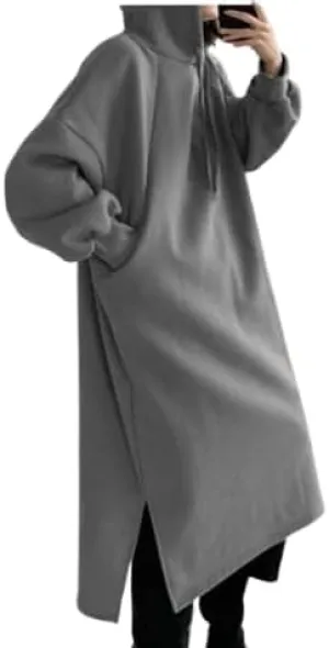 TIAFORD Women Winter Hoodie Maxi Dress Casual Long Sleeve Pullover Fall Oversized Shift Slit Sweatshirt Dress with Pocket