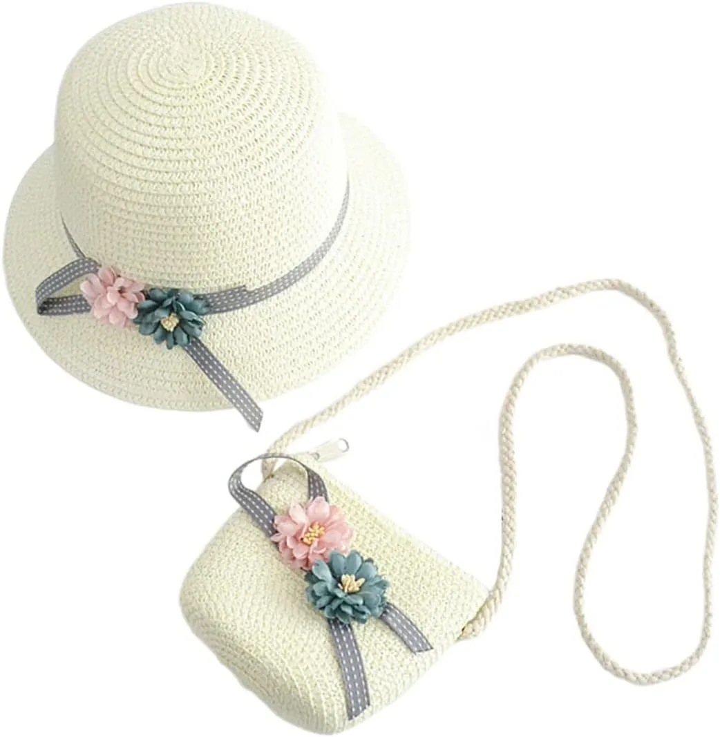 Toyvian 1 Set Kits for Girls Woven Handbag Purse Crossbody Kids Straw Sun Hat Floppy Beach Hat Sun Visor Hat