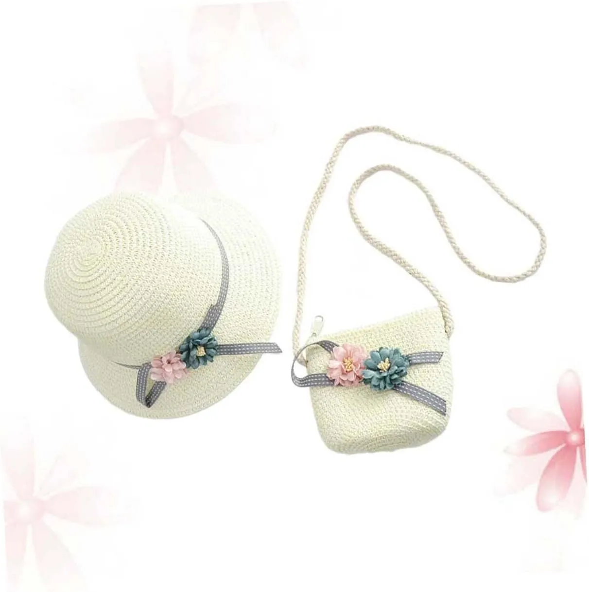 Toyvian 1 Set Kits for Girls Woven Handbag Purse Crossbody Kids Straw Sun Hat Floppy Beach Hat Sun Visor Hat
