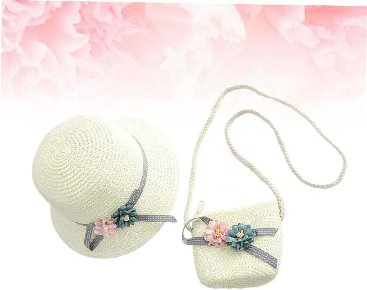 Toyvian 1 Set Kits for Girls Woven Handbag Purse Crossbody Kids Straw Sun Hat Floppy Beach Hat Sun Visor Hat