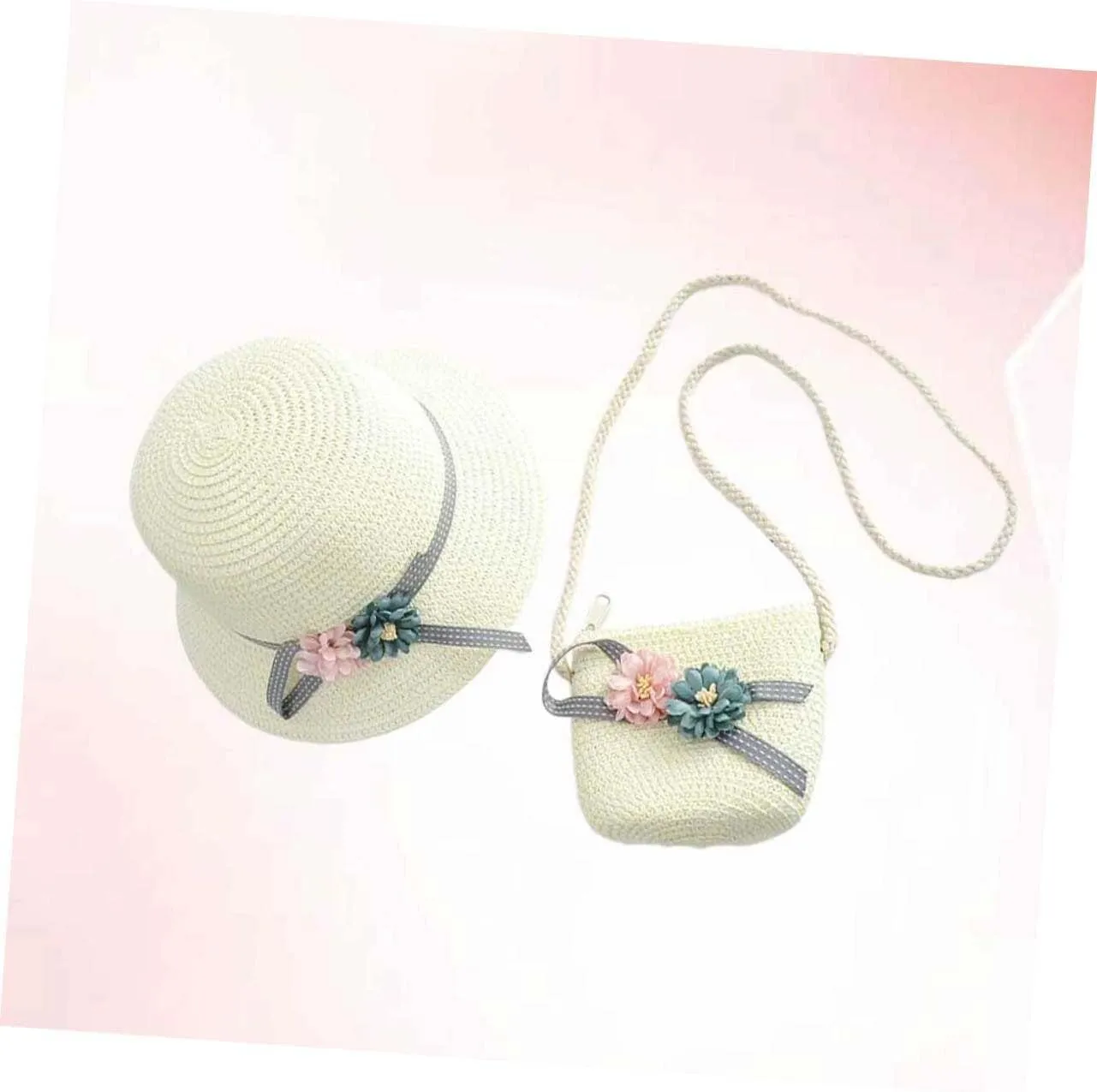Toyvian 1 Set Kits for Girls Woven Handbag Purse Crossbody Kids Straw Sun Hat Floppy Beach Hat Sun Visor Hat