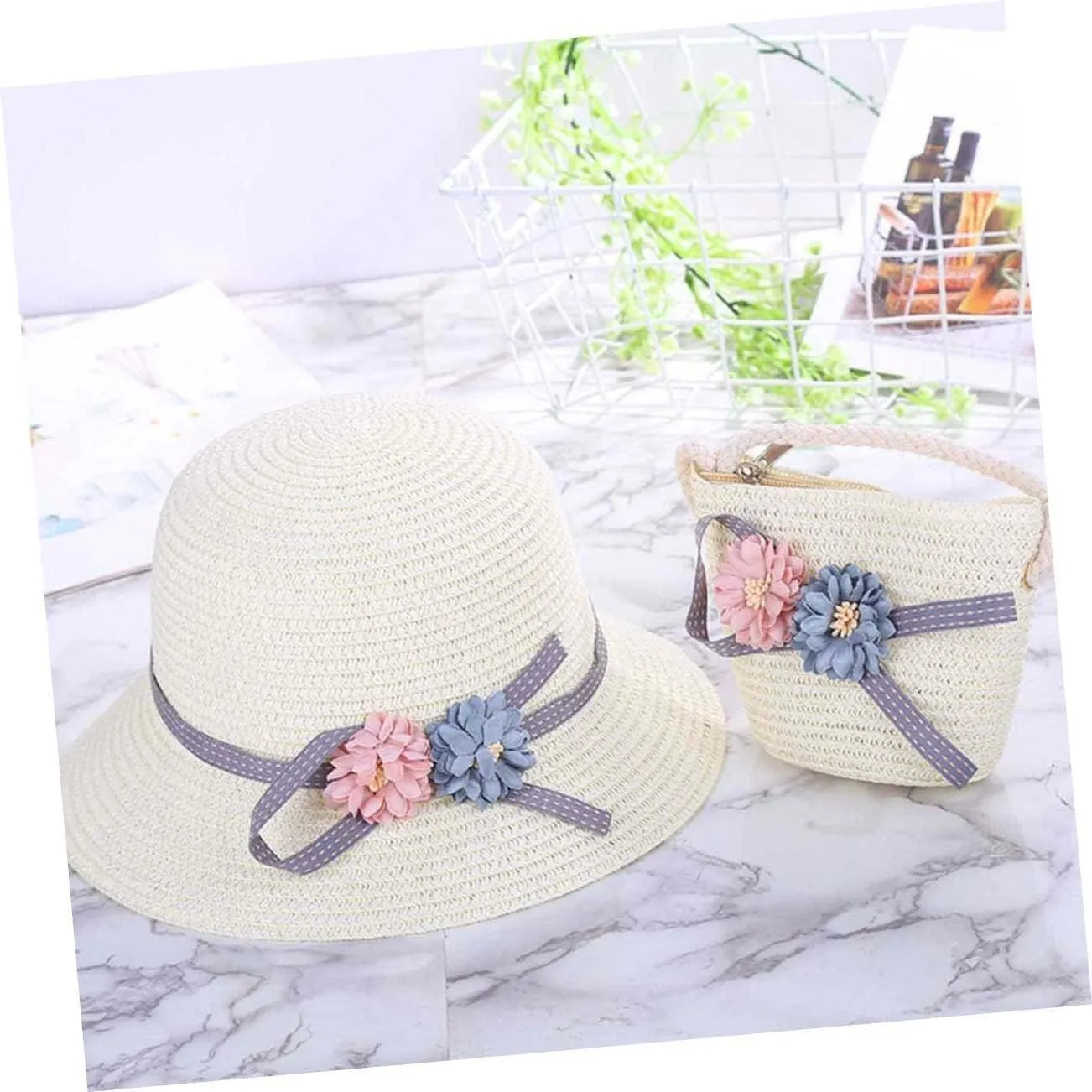 Toyvian 1 Set Kits for Girls Woven Handbag Purse Crossbody Kids Straw Sun Hat Floppy Beach Hat Sun Visor Hat