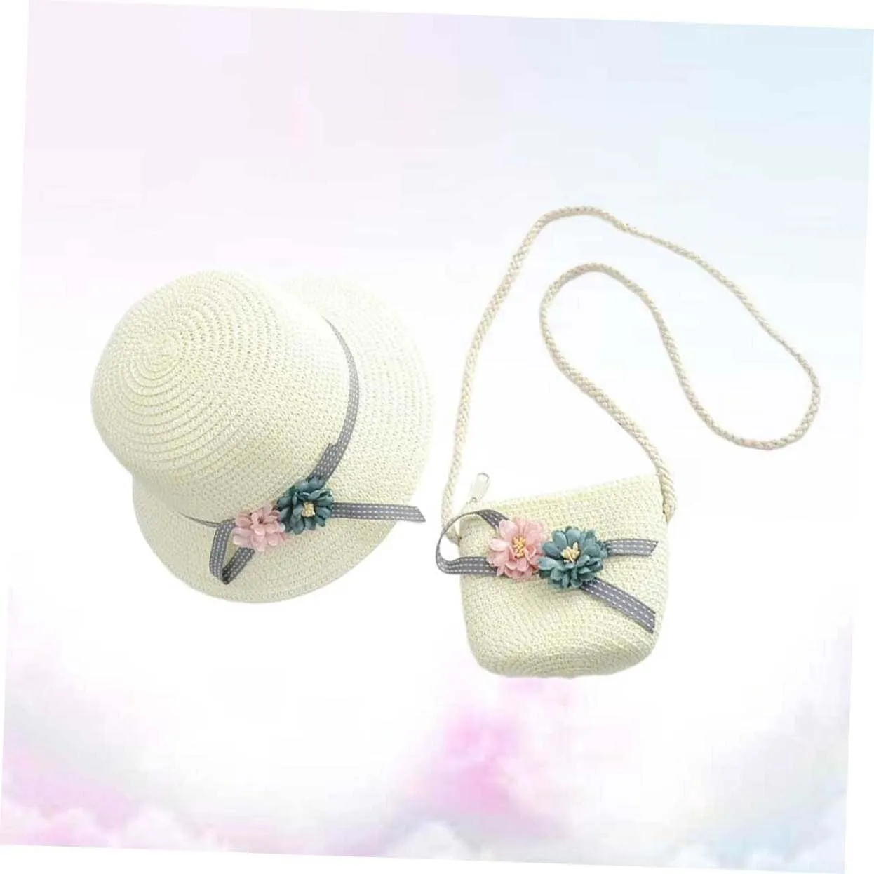 Toyvian 1 Set Kits for Girls Woven Handbag Purse Crossbody Kids Straw Sun Hat Floppy Beach Hat Sun Visor Hat