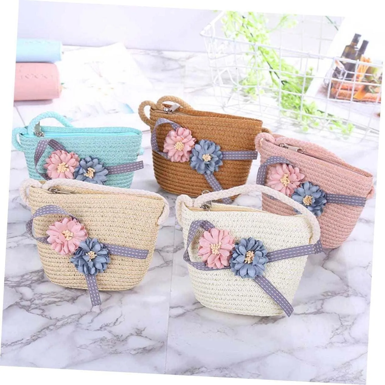 Toyvian 1 Set Kits for Girls Woven Handbag Purse Crossbody Kids Straw Sun Hat Floppy Beach Hat Sun Visor Hat
