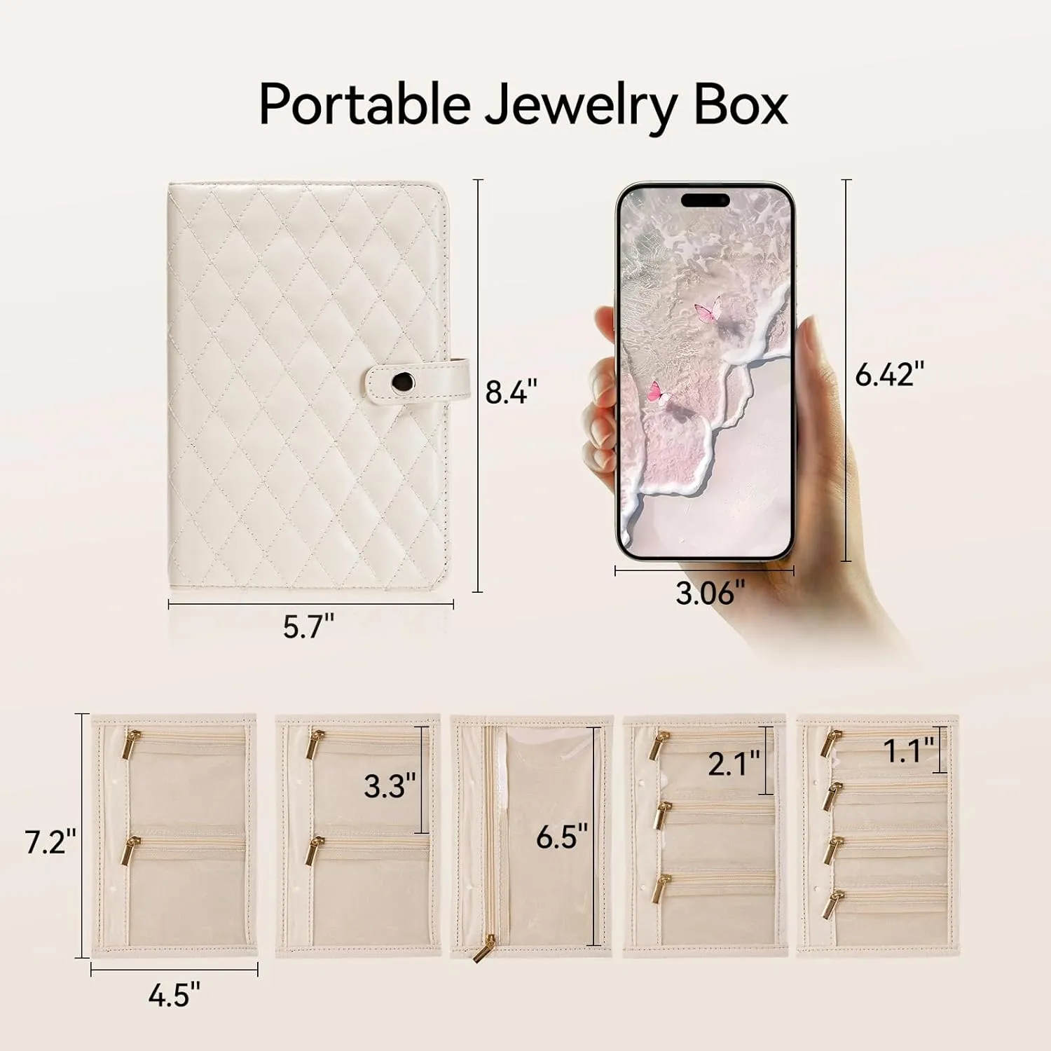 Travel Jewelry Organizer Box, Portable Jewelry Storage Book Bag with Zipper Binder and Velvet Clear Pouches, Valentine Gifts for Women, Jewelry Case for Earrings, Necklace, Ring, Cream White