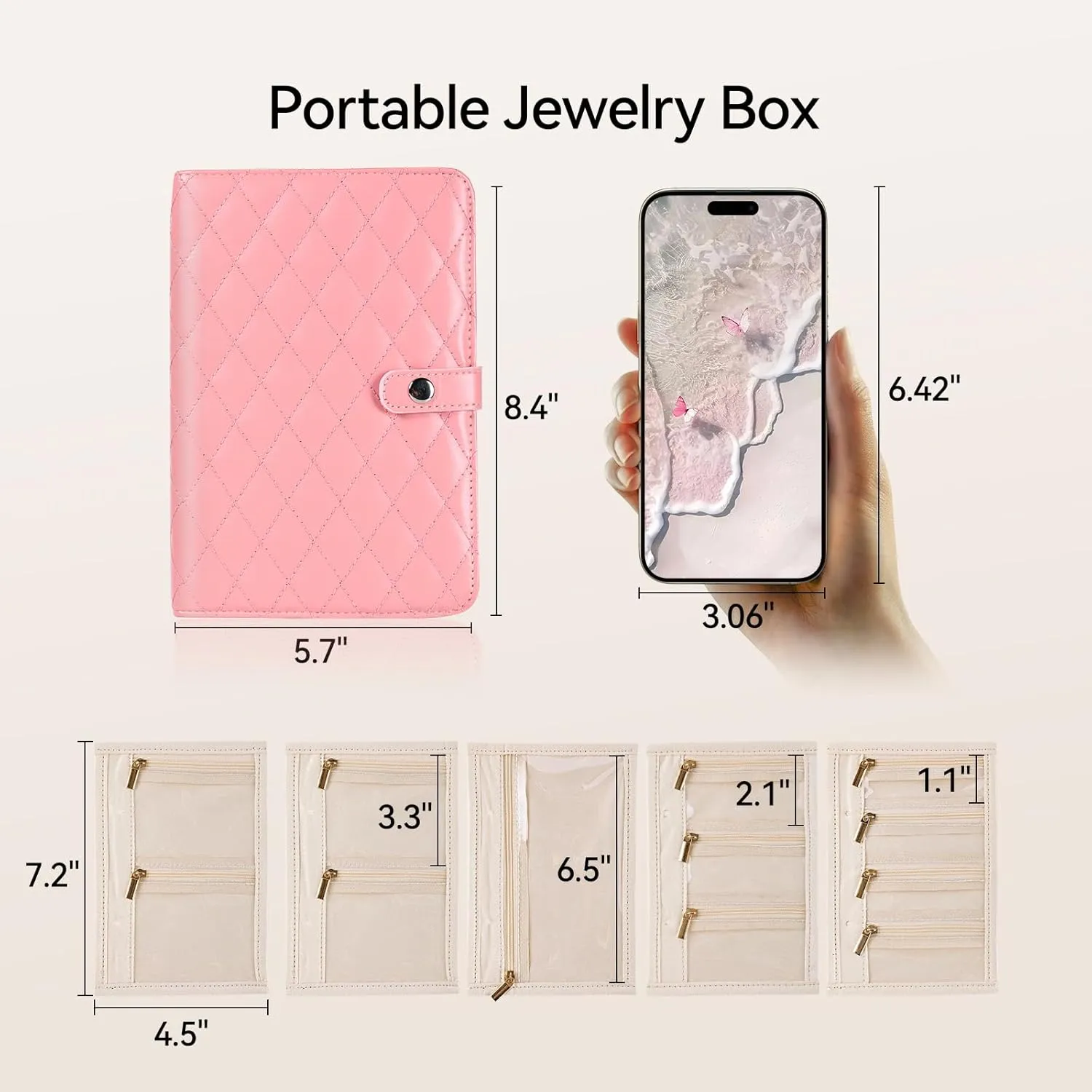 Travel Jewelry Organizer Case, Zipper Binder Jewelry Storage Book with Clear Velvet Pouches, Perfect Birthday Gifts for Women, Jewelry Box Bag for Earrings, Necklace, Ring, Pink
