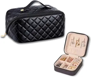 Travel Set  Cosmetic Bag & Jewelry Organizer, Spacious Toiletry & Makeup Bag for Women, Organizer Keeps Rings, Chains & Earrings Sorted Out, Set Ideal for Travel, Vacation, Gift, and Daily Use.