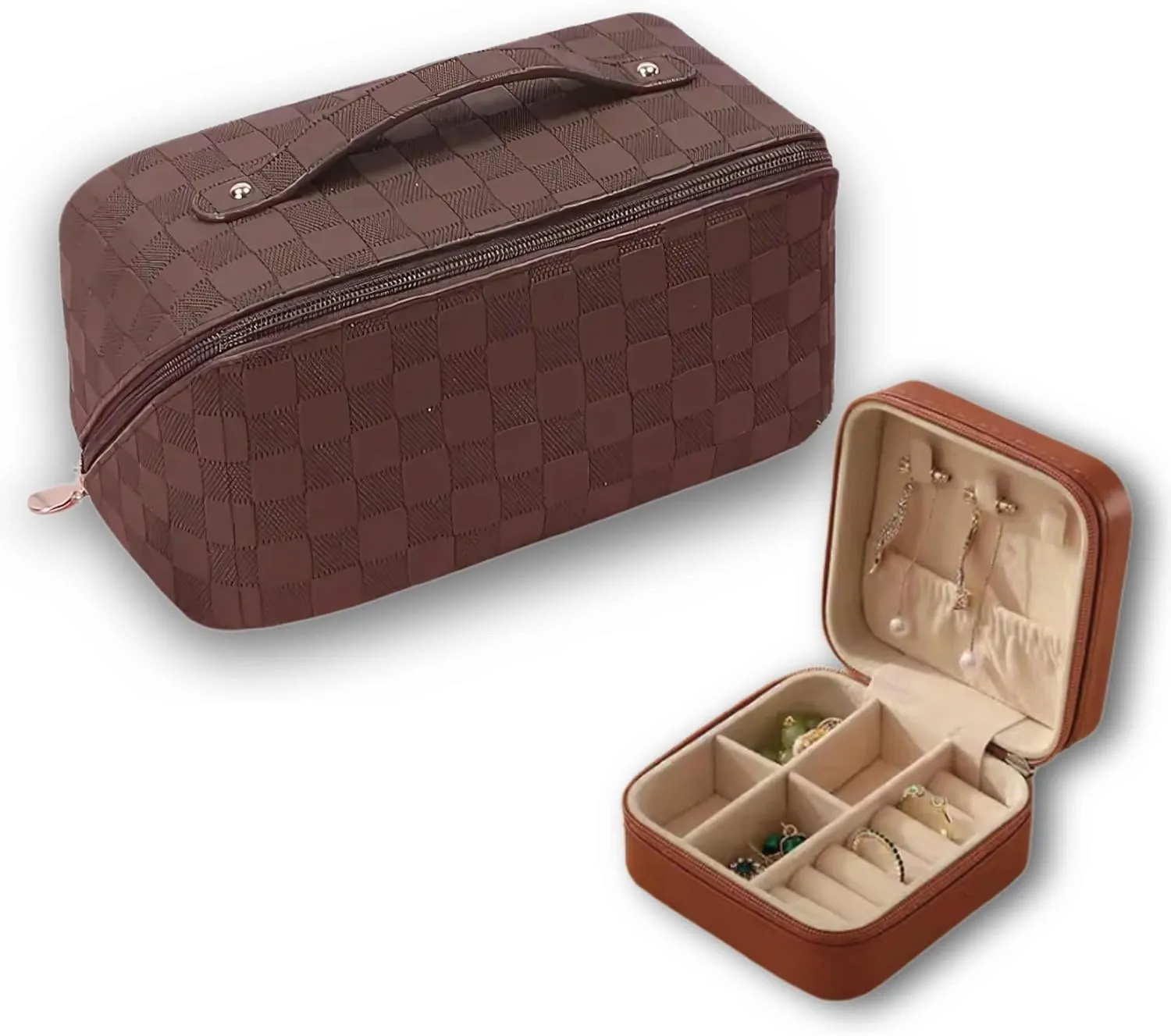 Travel Set  Cosmetic Bag & Jewelry Organizer Spacious Toiletry & Makeup Bag for Women, Organizer Keeps Rings, Chains & Earrings Sorted Out, Set Ideal for Travel, Vacation, Gift, and Daily Use.