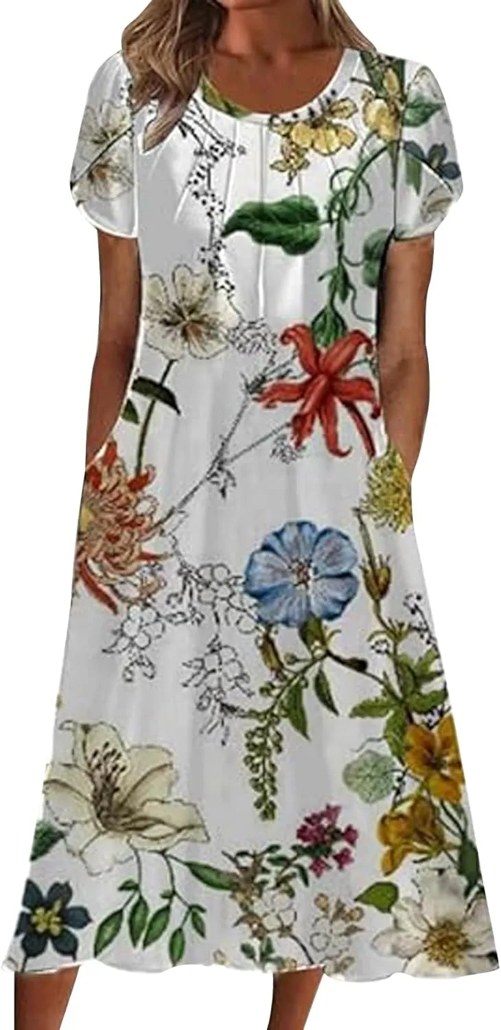 Tshirt Dress for Women 2024 Casual Plus Size Summer Midi Dress Boho Floral Print Loose Flowy Long Dresses with Pockets
