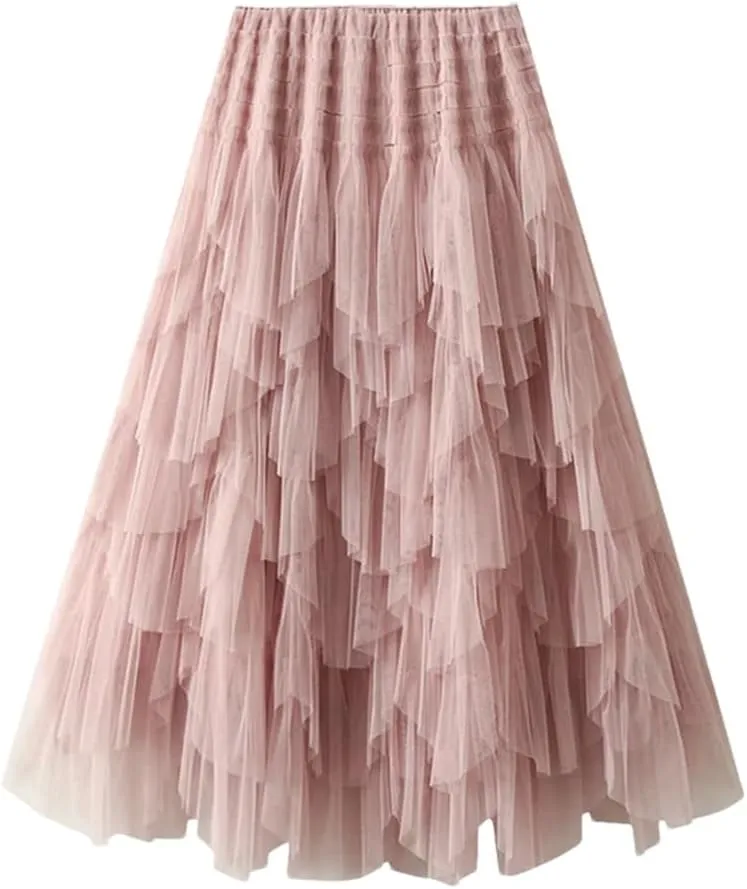 Tulle Long Skirt for Women Fashion Irregular Hem A Line High Waist Pleated Maxi Skirt Layered Mesh Midi Skirt