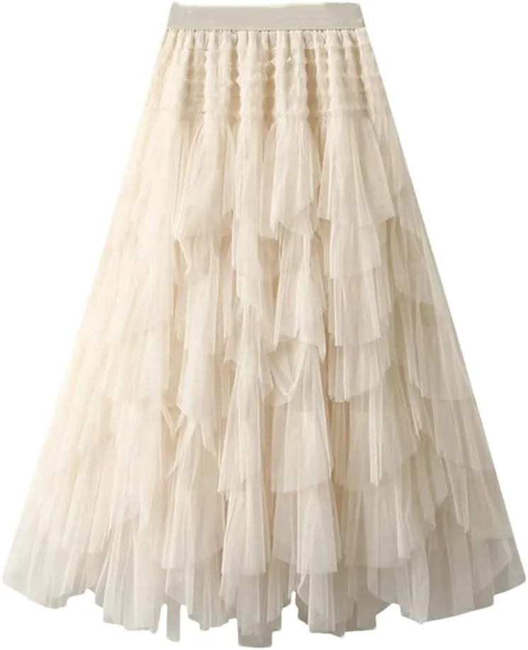 Tulle Long Skirt for Women Fashion Irregular Hem A Line High Waist Pleated Maxi Skirt Layered Mesh Midi Skirt