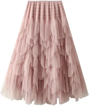 Tulle Long Skirt for Women Fashion Irregular Hem A Line High Waist Pleated Maxi Skirt Layered Mesh Midi Skirt