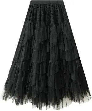 Tulle Long Skirt for Women Fashion Irregular Hem A Line High Waist Pleated Maxi Skirt Layered Mesh Midi Skirt