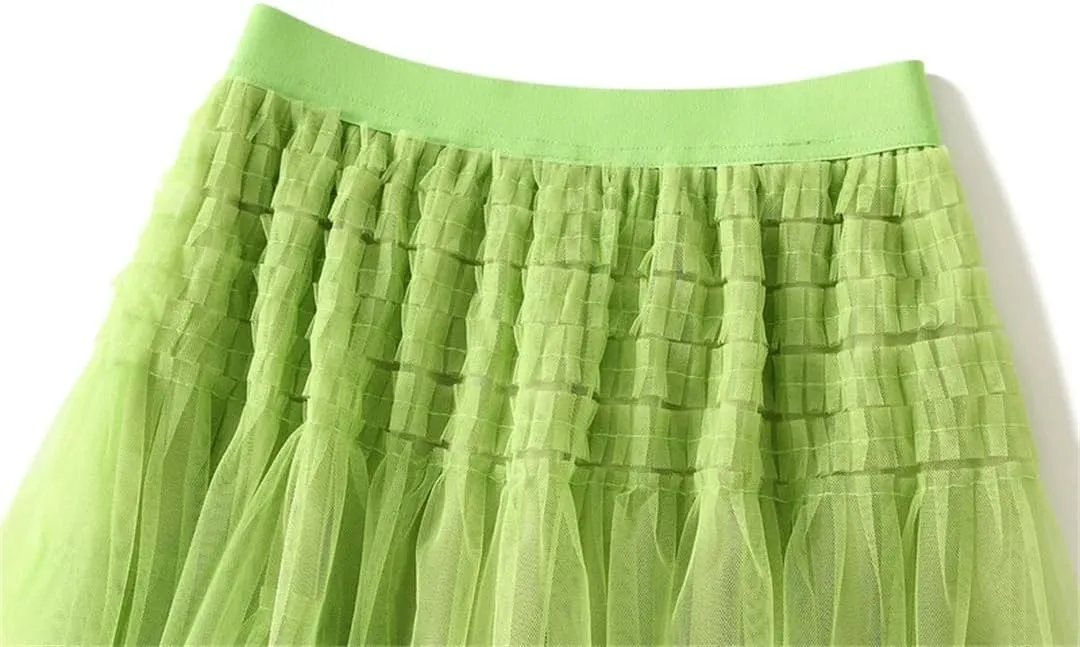 Tulle Long Skirt for Women Fashion Irregular Hem A Line High Waist Pleated Maxi Skirt Layered Mesh Midi Skirt