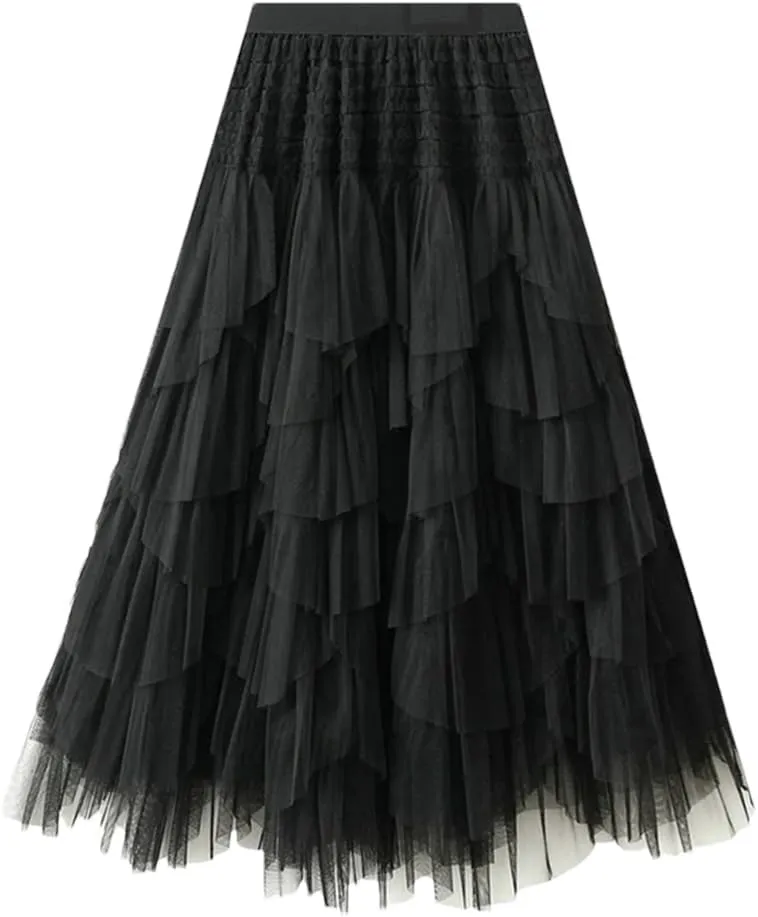 Tulle Long Skirt for Women Fashion Irregular Hem A Line High Waist Pleated Maxi Skirt Layered Mesh Midi Skirt