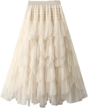 Tulle Long Skirt for Women Fashion Irregular Hem A Line High Waist Pleated Maxi Skirt Layered Mesh Midi Skirt