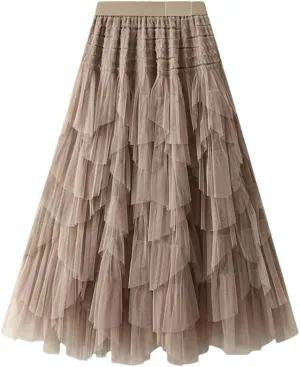 Tulle Long Skirt for Women Fashion Irregular Hem A Line High Waist Pleated Maxi Skirt Layered Mesh Midi Skirt