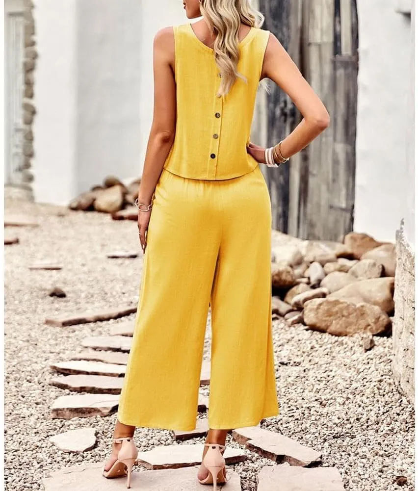 Two Piece Summer Outfits for Women Linen Pants Suits Casual Sleeveless Crop Top and Wide Leg Pants Sets S-XL