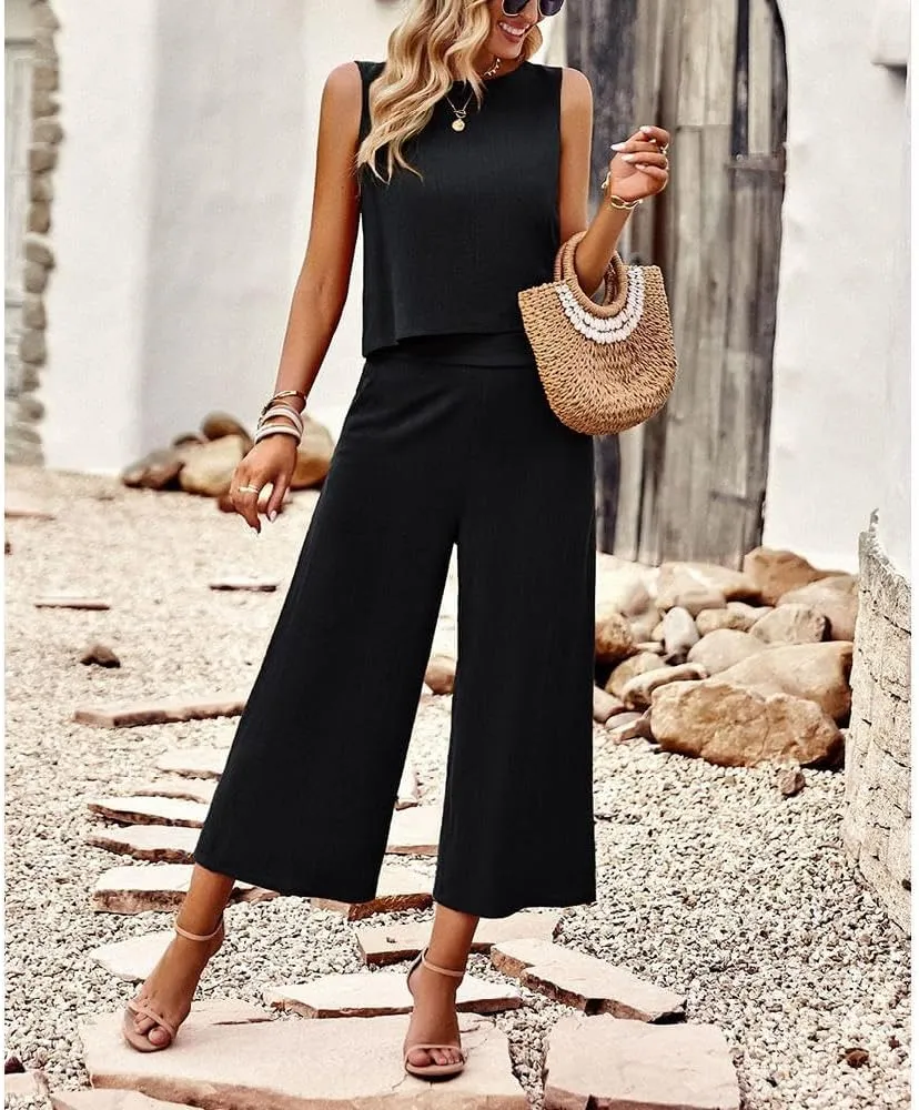 Two Piece Summer Outfits for Women Linen Pants Suits Casual Sleeveless Crop Top and Wide Leg Pants Sets S-XL