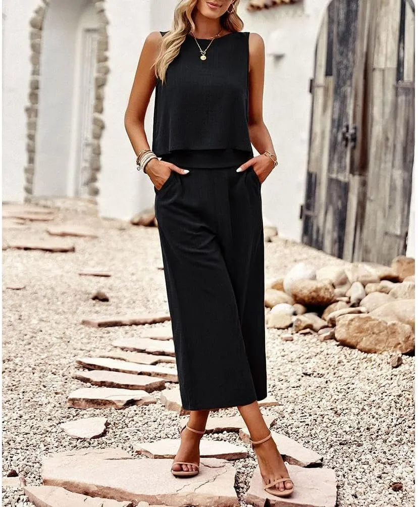 Two Piece Summer Outfits for Women Linen Pants Suits Casual Sleeveless Crop Top and Wide Leg Pants Sets S-XL