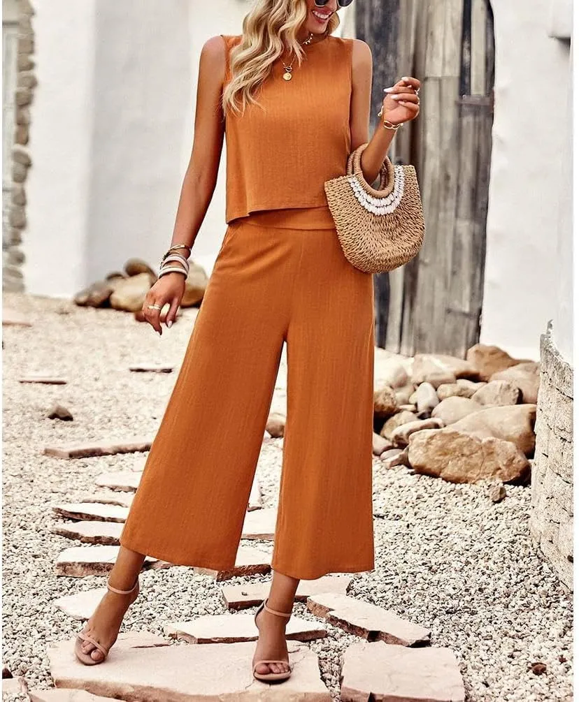 Two Piece Summer Outfits for Women Linen Pants Suits Casual Sleeveless Crop Top and Wide Leg Pants Sets S-XL