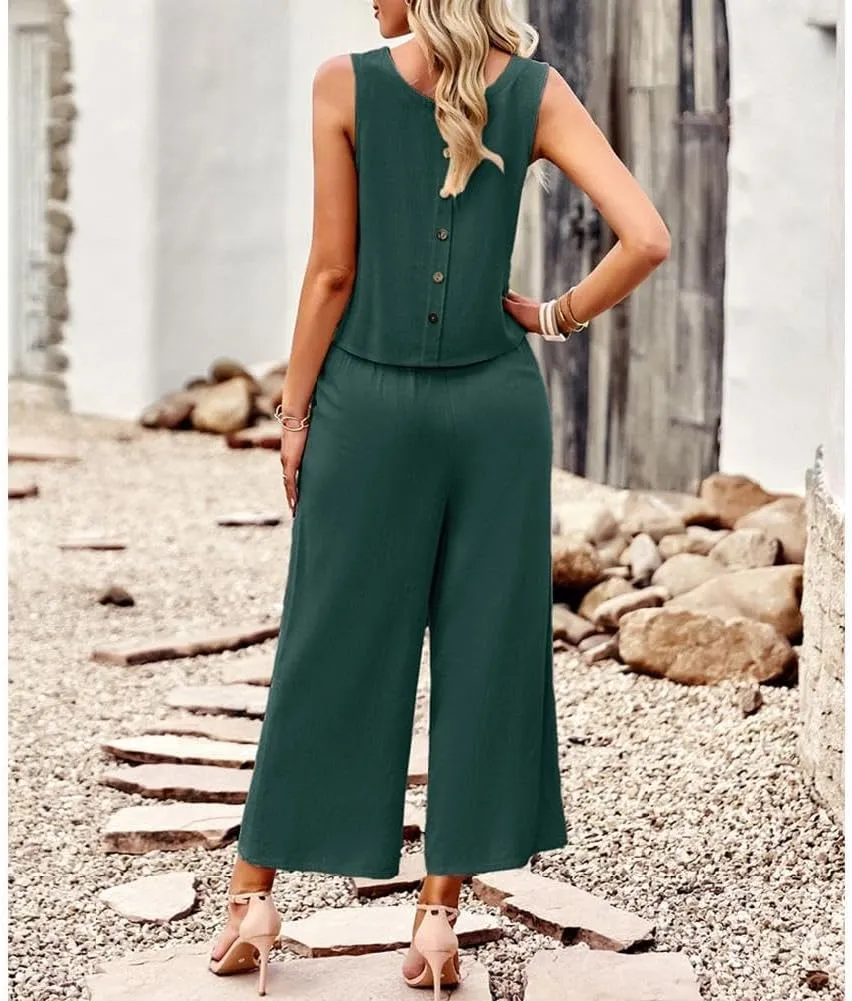 Two Piece Summer Outfits for Women Linen Pants Suits Casual Sleeveless Crop Top and Wide Leg Pants Sets S-XL