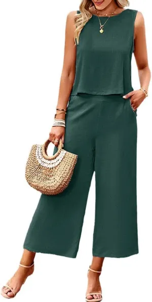 Two Piece Summer Outfits for Women Linen Pants Suits Casual Sleeveless Crop Top and Wide Leg Pants Sets S-XL