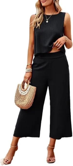 Two Piece Summer Outfits for Women Linen Pants Suits Casual Sleeveless Crop Top and Wide Leg Pants Sets S-XL