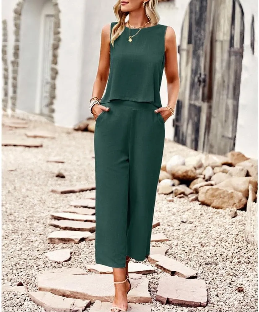 Two Piece Summer Outfits for Women Linen Pants Suits Casual Sleeveless Crop Top and Wide Leg Pants Sets S-XL