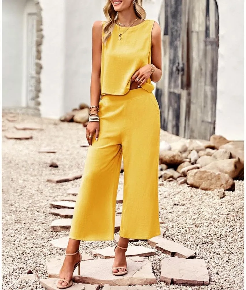 Two Piece Summer Outfits for Women Linen Pants Suits Casual Sleeveless Crop Top and Wide Leg Pants Sets S-XL