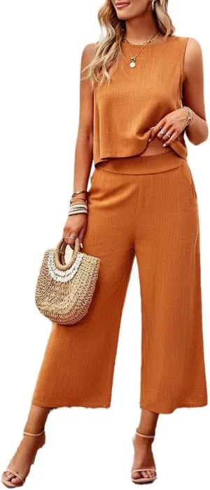 Two Piece Summer Outfits for Women Linen Pants Suits Casual Sleeveless Crop Top and Wide Leg Pants Sets S-XL