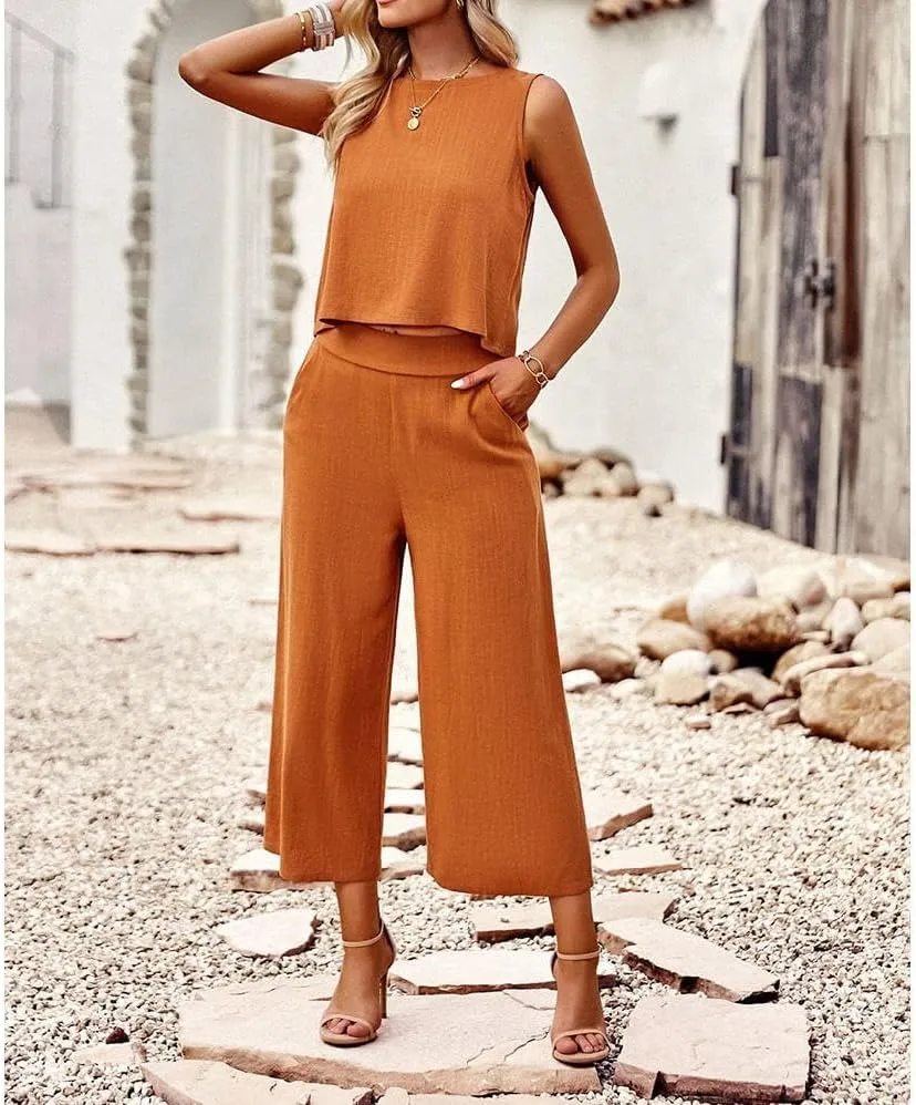 Two Piece Summer Outfits for Women Linen Pants Suits Casual Sleeveless Crop Top and Wide Leg Pants Sets S-XL