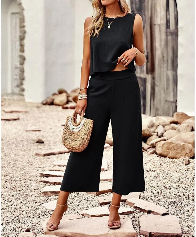 Two Piece Summer Outfits for Women Linen Pants Suits Casual Sleeveless Crop Top and Wide Leg Pants Sets S-XL