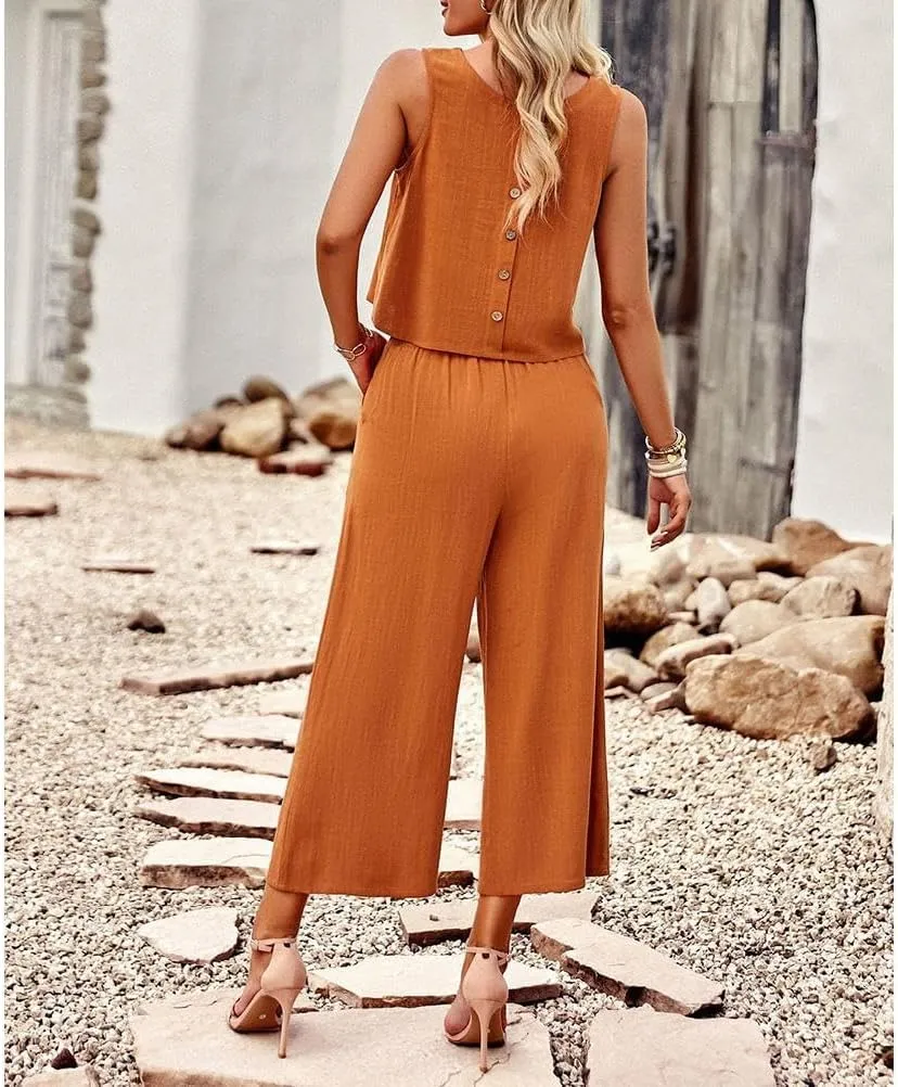 Two Piece Summer Outfits for Women Linen Pants Suits Casual Sleeveless Crop Top and Wide Leg Pants Sets S-XL