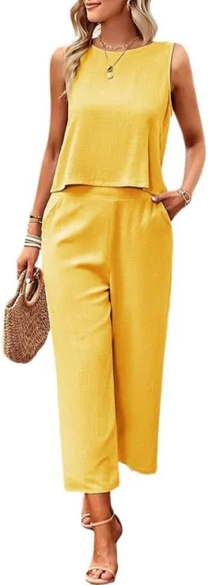 Two Piece Summer Outfits for Women Linen Pants Suits Casual Sleeveless Crop Top and Wide Leg Pants Sets S-XL
