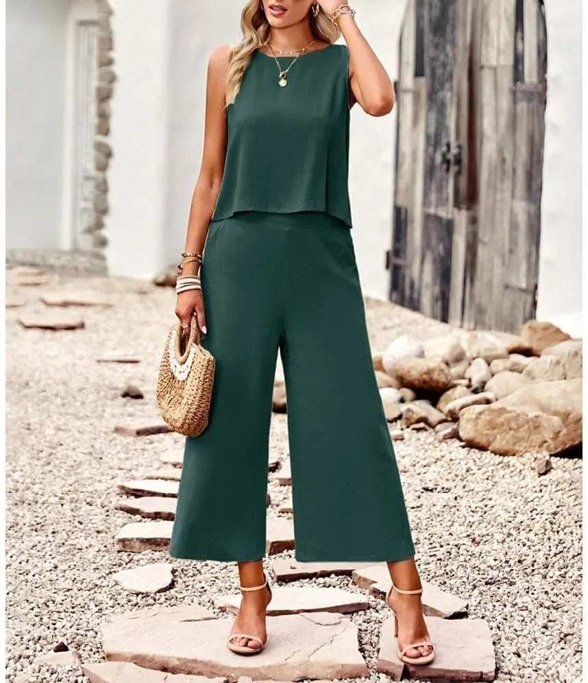 Two Piece Summer Outfits for Women Linen Pants Suits Casual Sleeveless Crop Top and Wide Leg Pants Sets S-XL