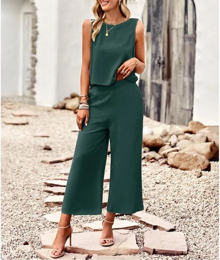 Two Piece Summer Outfits for Women Linen Pants Suits Casual Sleeveless Crop Top and Wide Leg Pants Sets S-XL