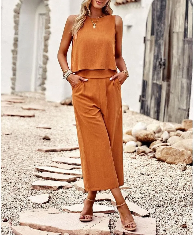 Two Piece Summer Outfits for Women Linen Pants Suits Casual Sleeveless Crop Top and Wide Leg Pants Sets S-XL