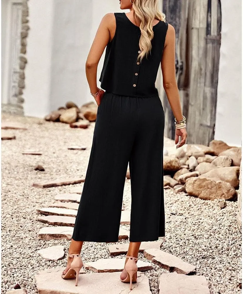 Two Piece Summer Outfits for Women Linen Pants Suits Casual Sleeveless Crop Top and Wide Leg Pants Sets S-XL