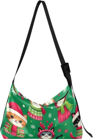 Unisex Shoulder Bag Crossbody Handbag Christmas-cats-santa-hats Women Casual Hobo Bag Lightweight PU Leather Tote