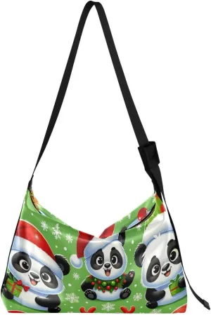 Unisex Shoulder Bag Crossbody Handbag Pandas-christmas-santa-hats Women Casual Hobo Bag Lightweight PU Leather Tote
